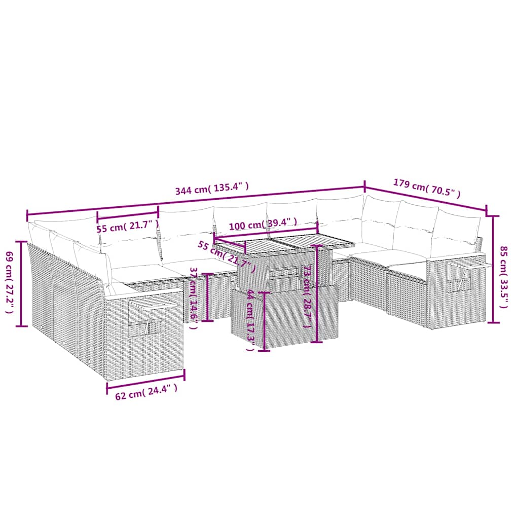 11 Pcs conjunto sofás de jardim c/ almofadões vime PE preto