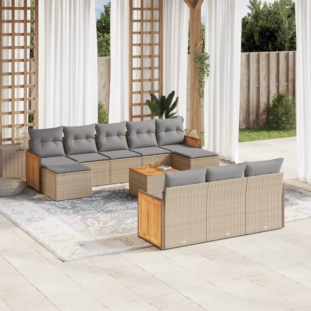 11 Pcs conjunto sofás de jardim c/ almofadões vime PE bege