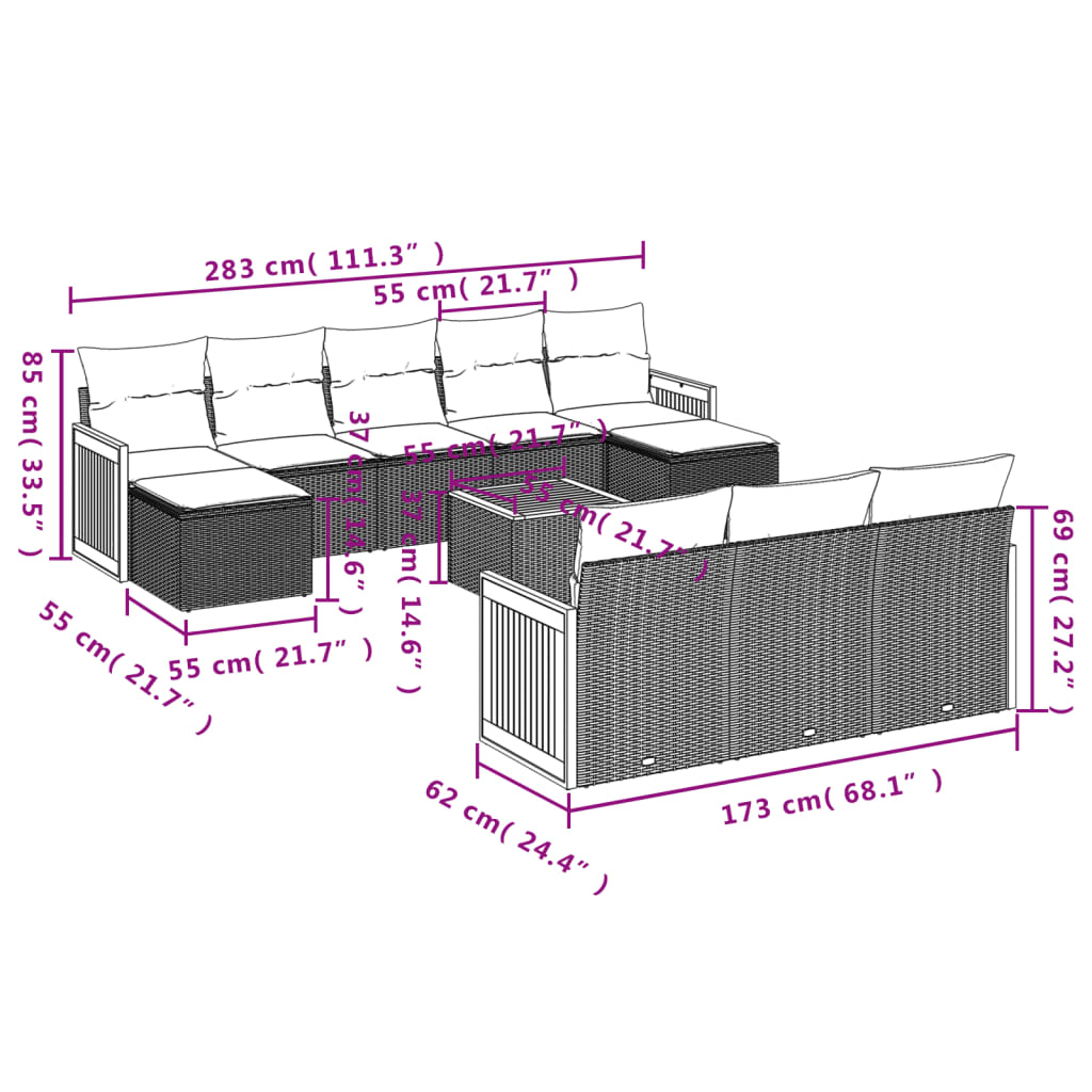 11 Pcs conjunto sofás de jardim c/ almofadões vime PE bege