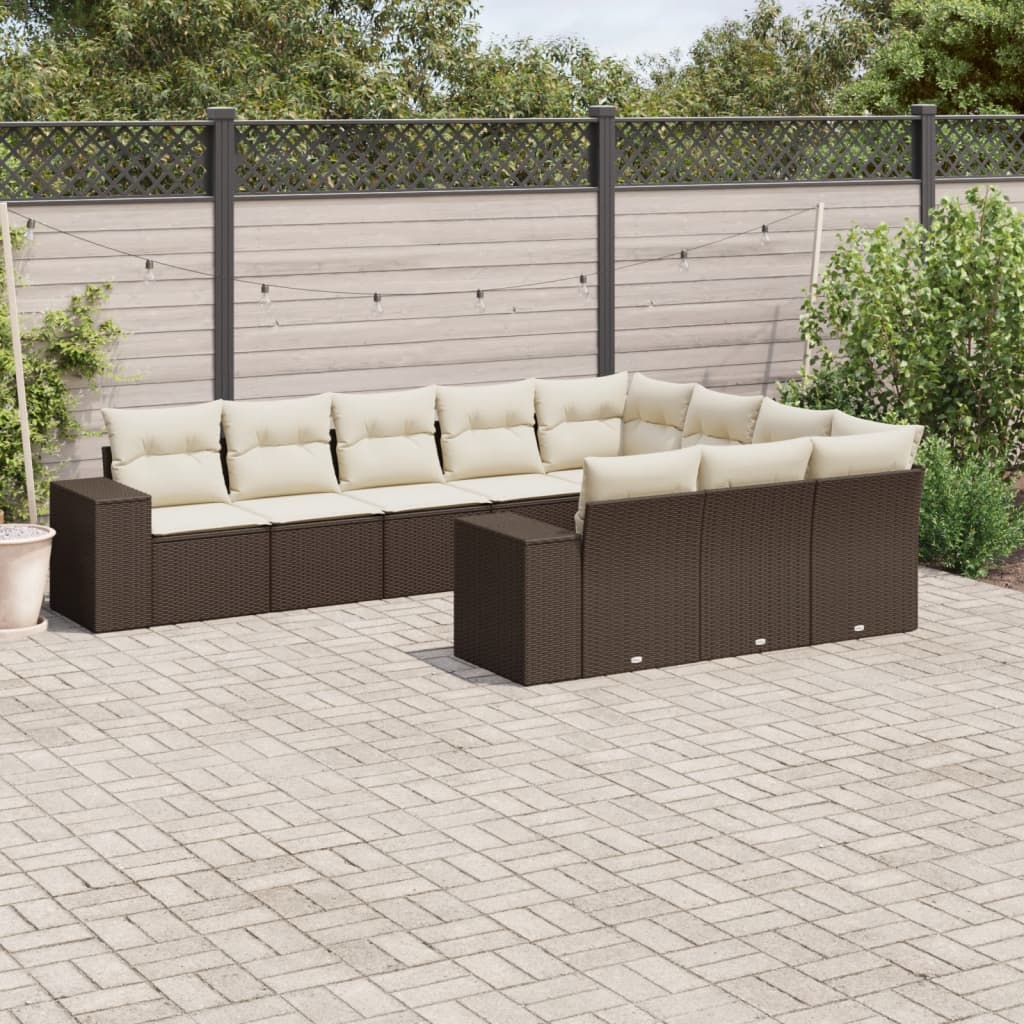10 Pcs conj. sofás jardim com almofadões vime PE castanho