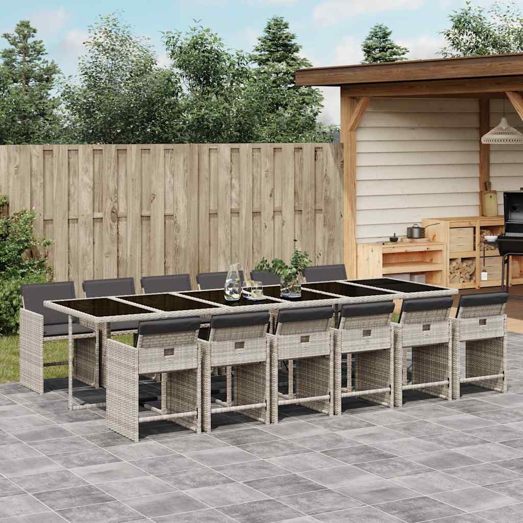 13 Pcs conj. jantar jardim c/ almofadões vime PE cinzento-claro