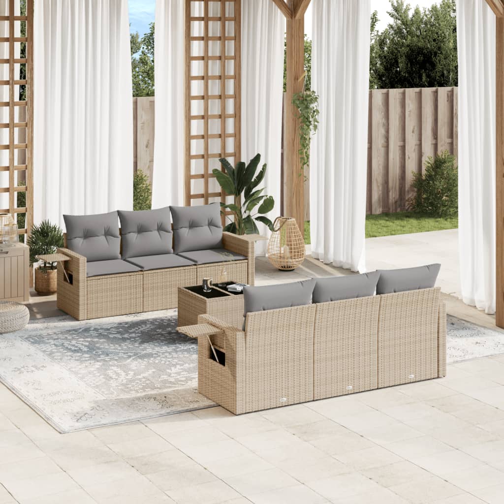 7 Pcs conjunto de sofás p/ jardim com almofadões vime PE bege