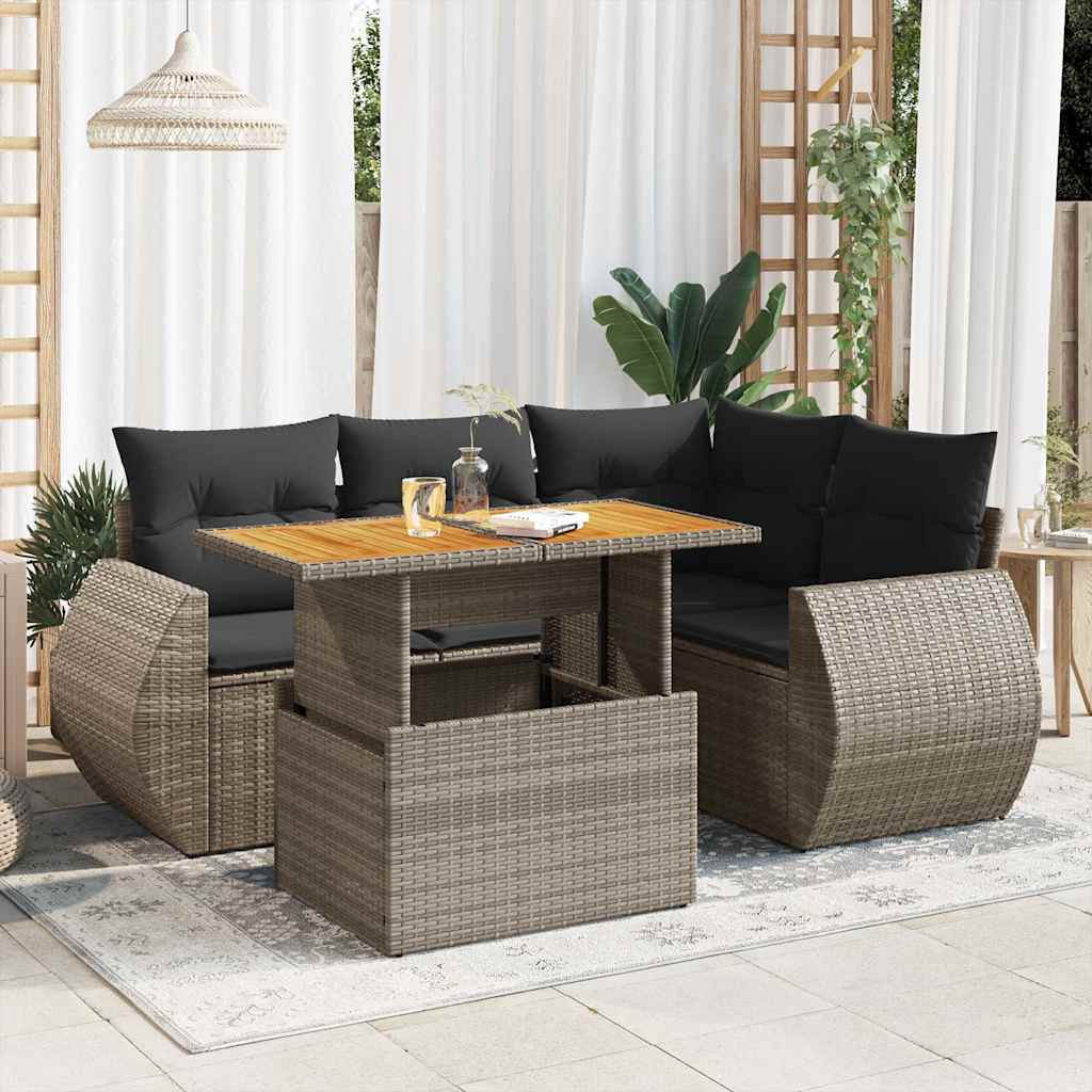 5 Pcs conjunto sofás de jardim c/ almofadões vime PE cinzento
