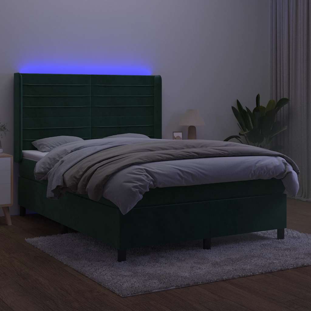 Cama box spring c/ colchão/LED 140x190 cm veludo verde-escuro