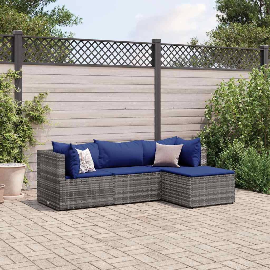 4 Pcs conjunto lounge de jardim c/ almofadões vime PE cinzento