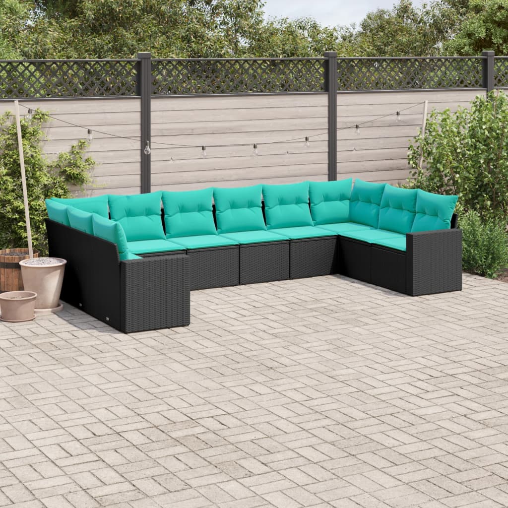 10 Pcs conjunto de sofás p/ jardim c/ almofadões vime PE preto