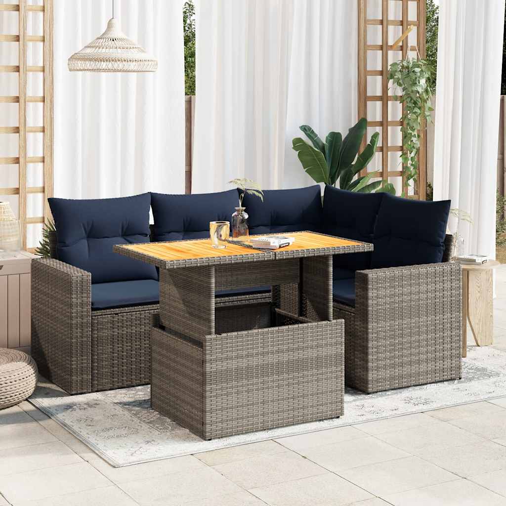 5 Pcs conjunto sofás de jardim c/ almofadões vime PE cinzento