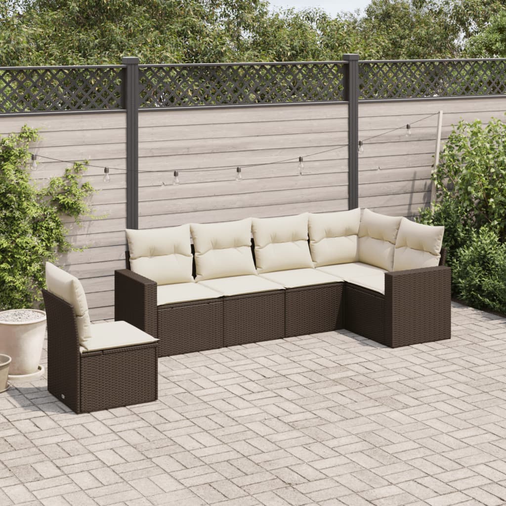 6 Pcs conjunto de sofás jardim c/ almofadões vime PE castanho