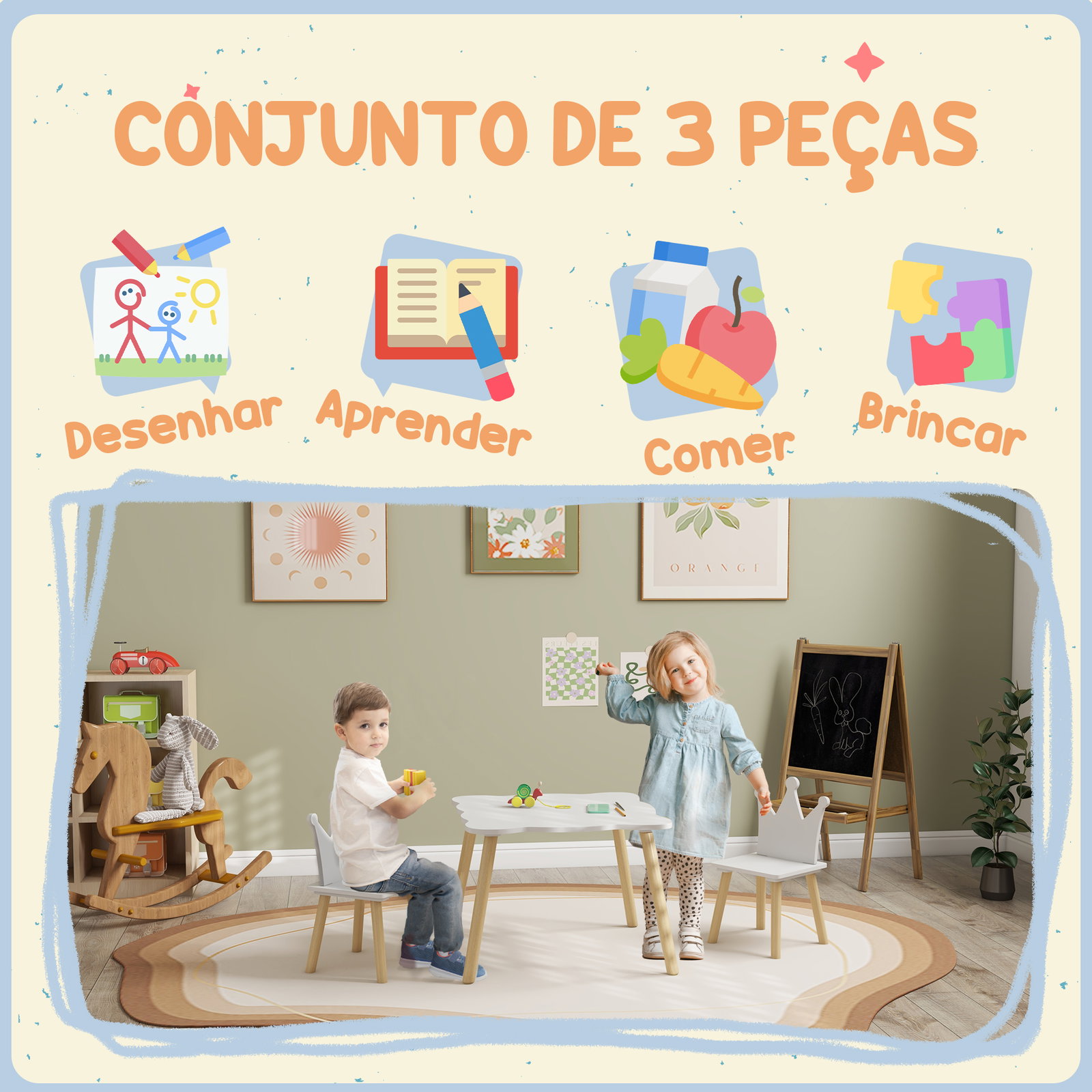 Mesa infantil com 2 cadeiras com encosto em forma de coroa para crianças de 3-6 anos para sala de jogos dormitório branco