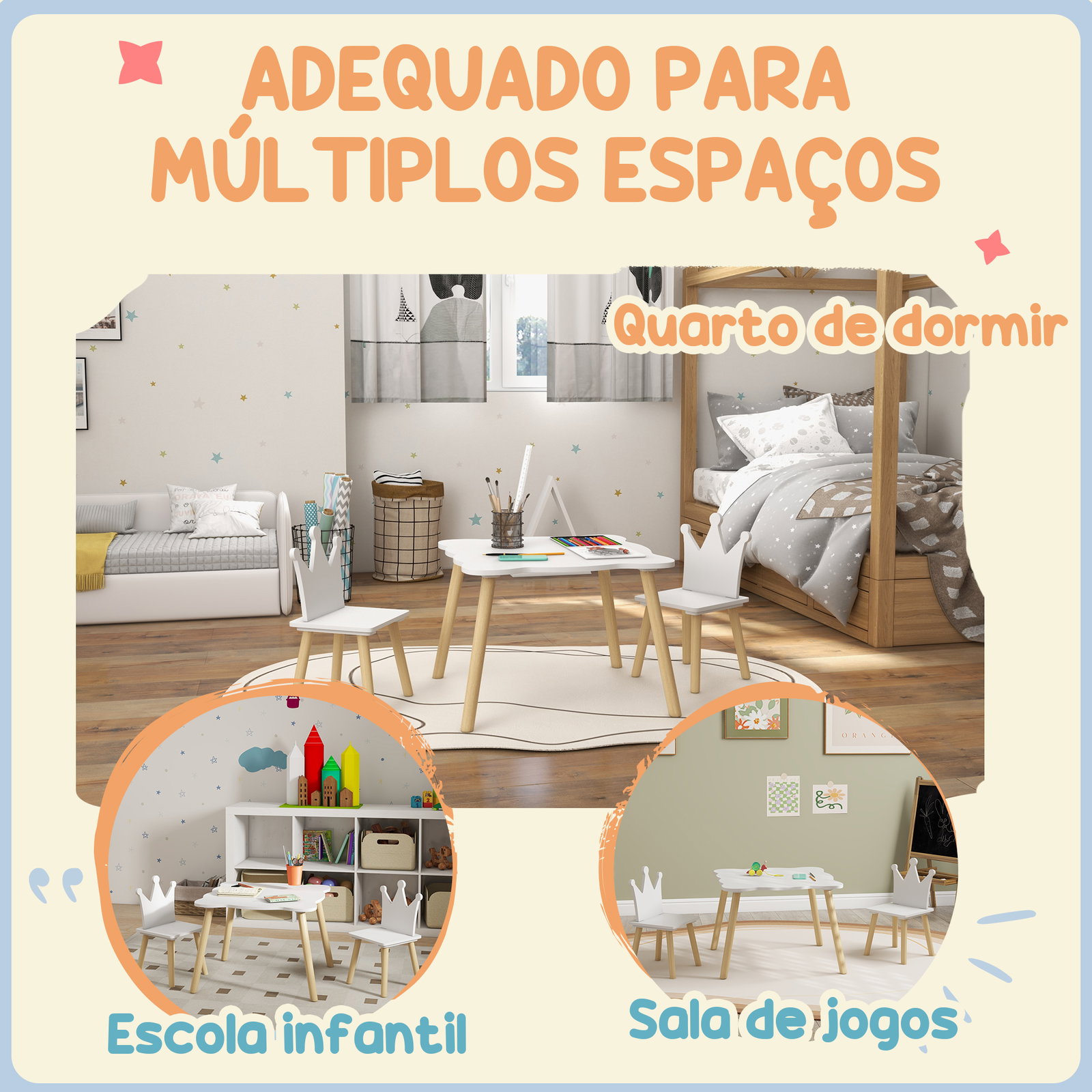 Mesa infantil com 2 cadeiras com encosto em forma de coroa para crianças de 3-6 anos para sala de jogos dormitório branco