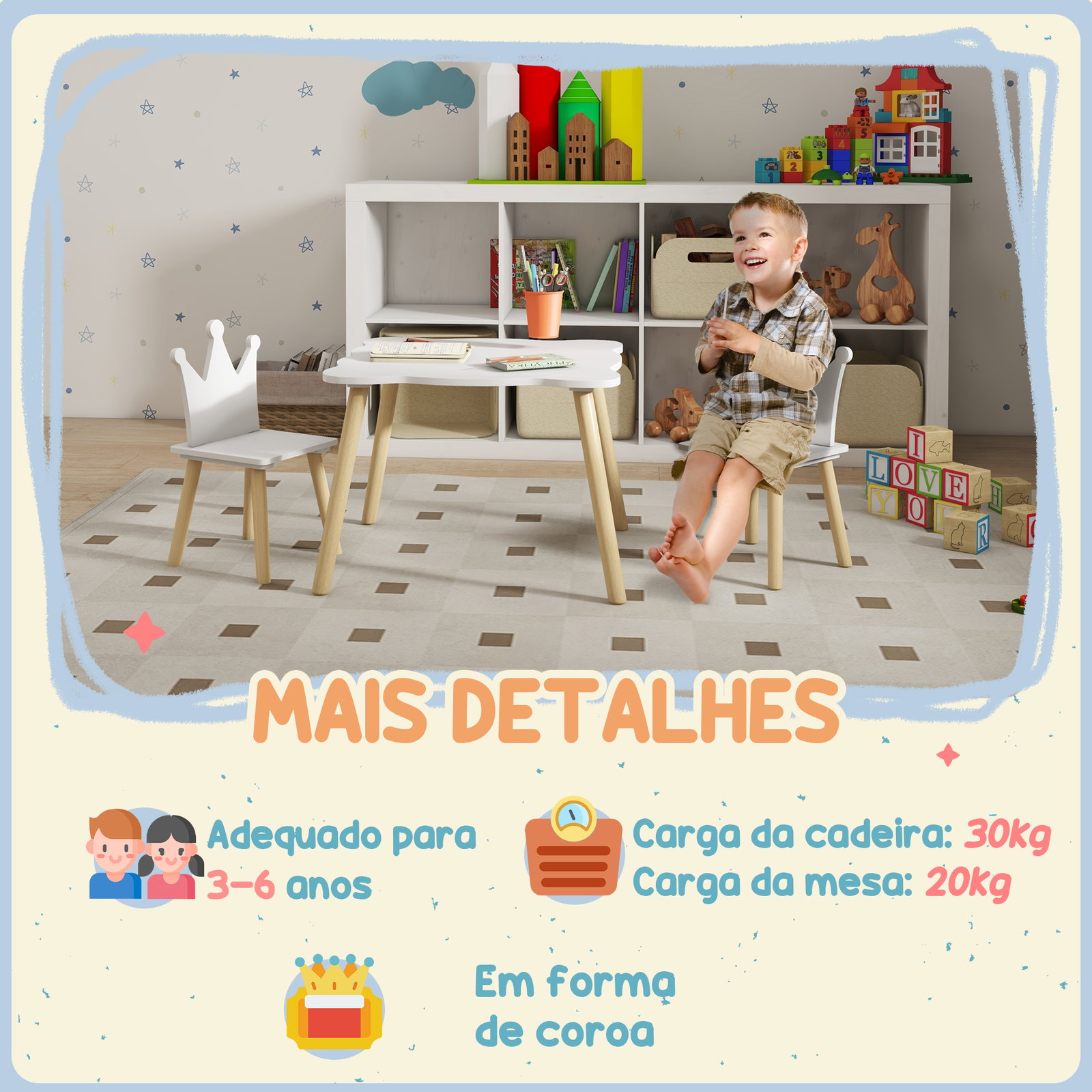 Mesa infantil com 2 cadeiras com encosto em forma de coroa para crianças de 3-6 anos para sala de jogos dormitório branco