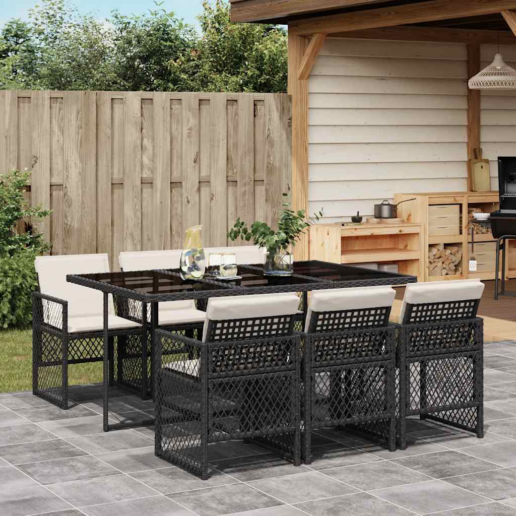7 Pcs conjunto de jantar p/ jardim c/ almofadões vime PE preto