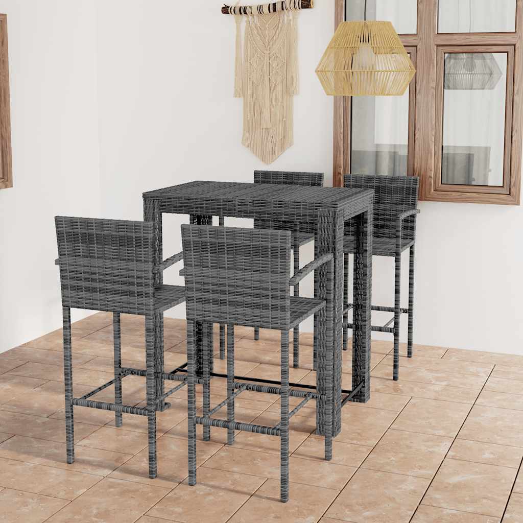 5 Pcs conj. de bar exterior c/ apoio de braços vime PE cinzento