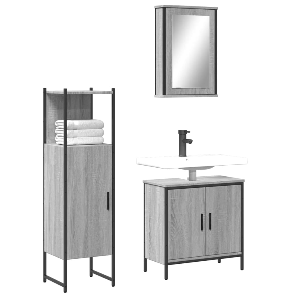 3 Pcs conjunto móveis casa de banho madeira proc. cinza sonoma