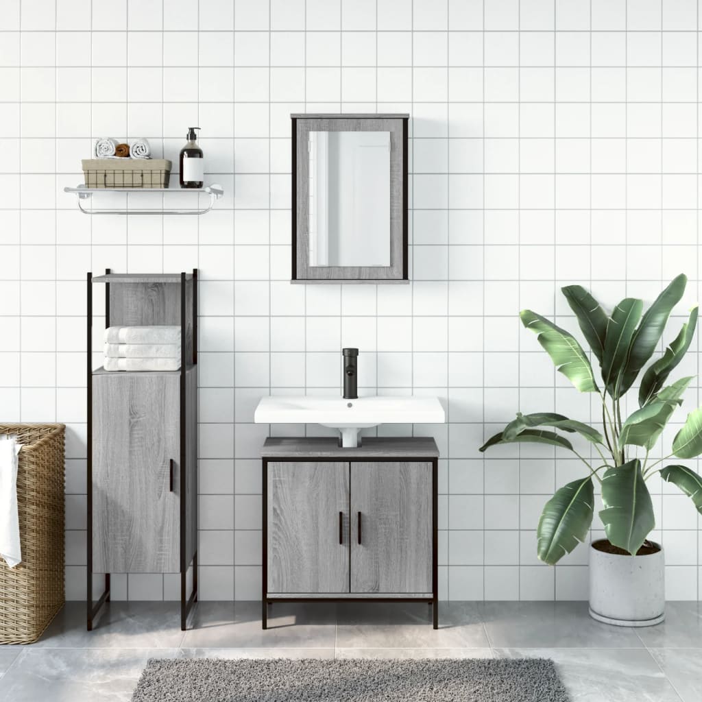 3 Pcs conjunto móveis casa de banho madeira proc. cinza sonoma