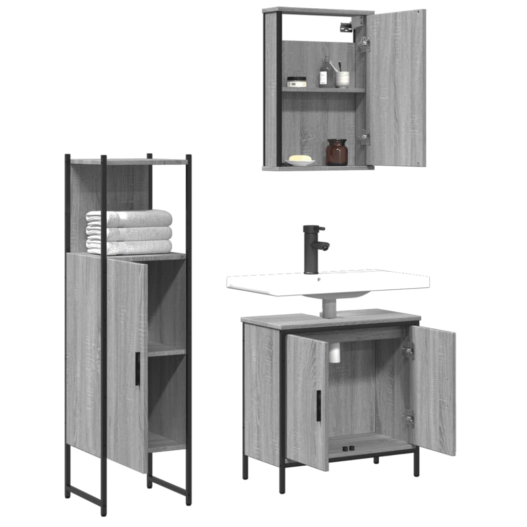 3 Pcs conjunto móveis casa de banho madeira proc. cinza sonoma