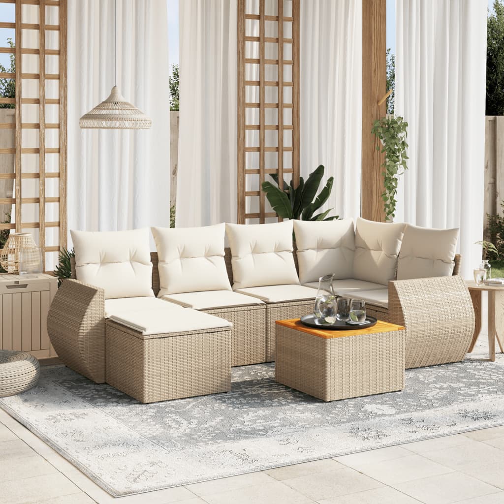 7 Pcs conjunto de sofás p/ jardim com almofadões vime PE bege