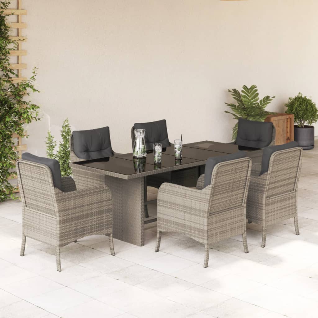 7 Pcs conj. jantar p/ jardim c/ almofadões vime PE cinza-claro