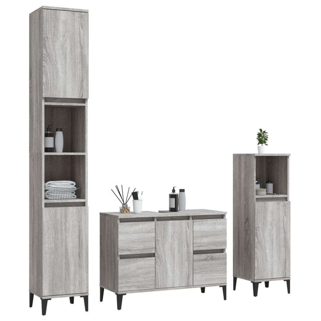 3 Pcs conjunto móveis casa de banho madeira proc. cinza sonoma
