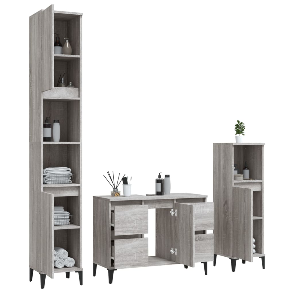 3 Pcs conjunto móveis casa de banho madeira proc. cinza sonoma