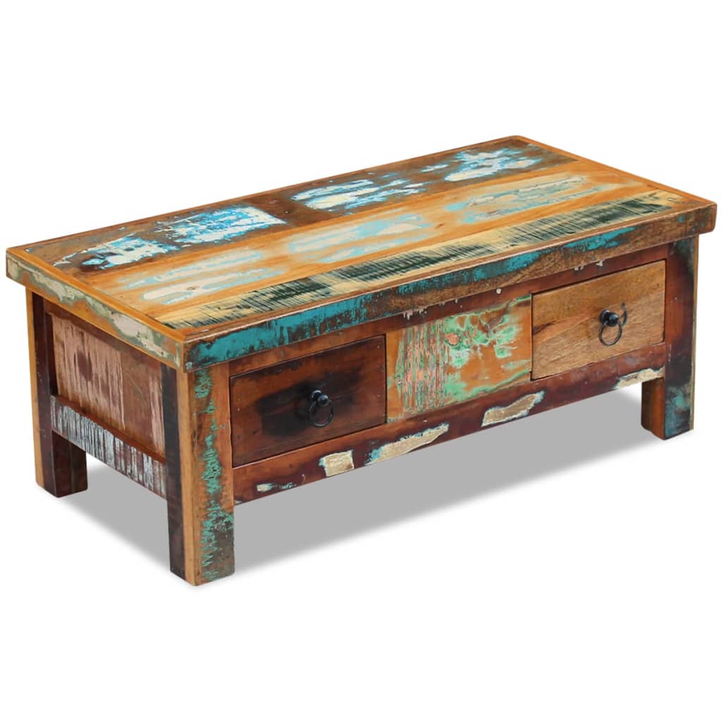 Mesa de centro + gavetas 90x45x35 cm madeira reciclada maciça