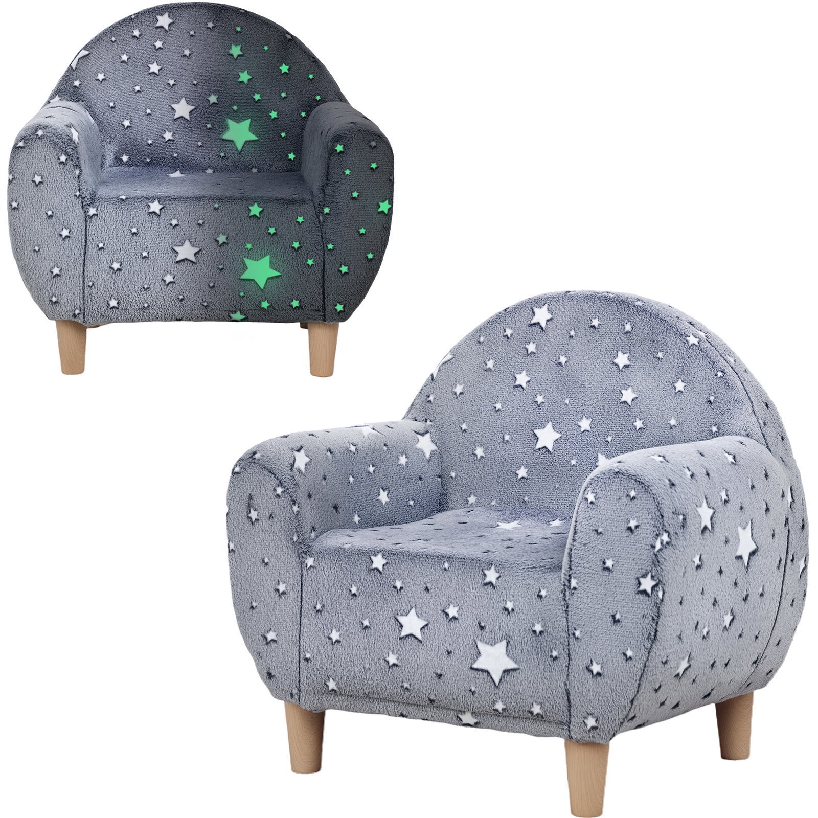 Poltrona para crianças com desenho de estrelas que brilham no escuro tecido suave de veludo 55x40x55 cm cinzento