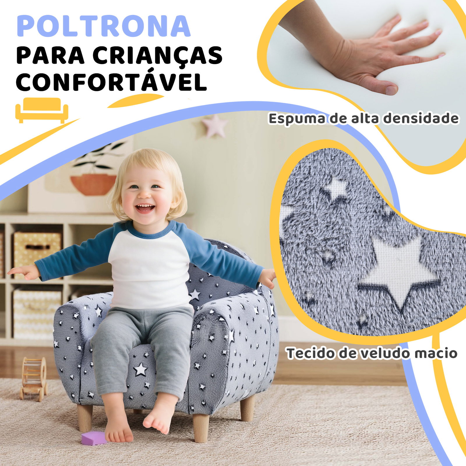 Poltrona para crianças com desenho de estrelas que brilham no escuro tecido suave de veludo 55x40x55 cm cinzento