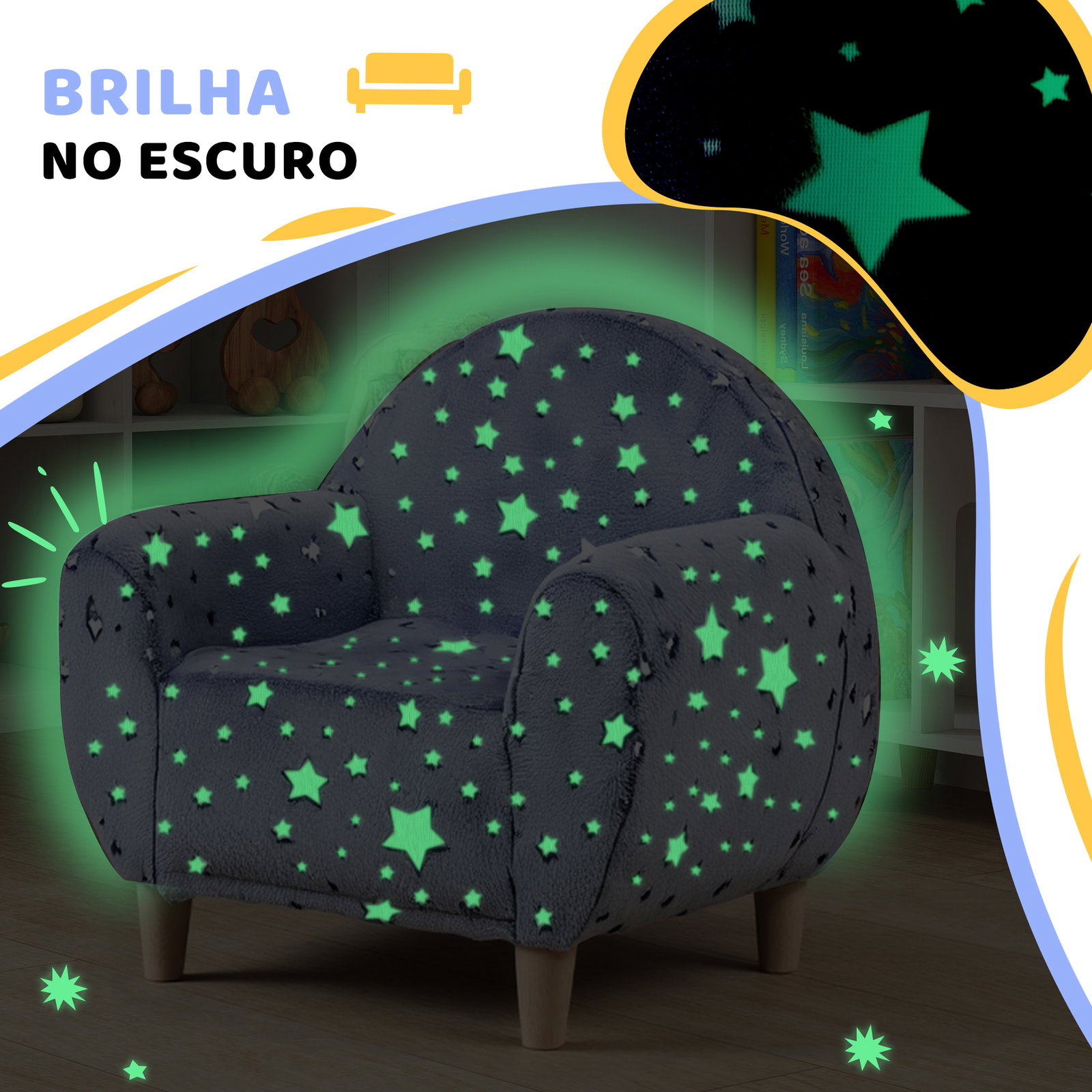 Poltrona para crianças com desenho de estrelas que brilham no escuro tecido suave de veludo 55x40x55 cm cinzento