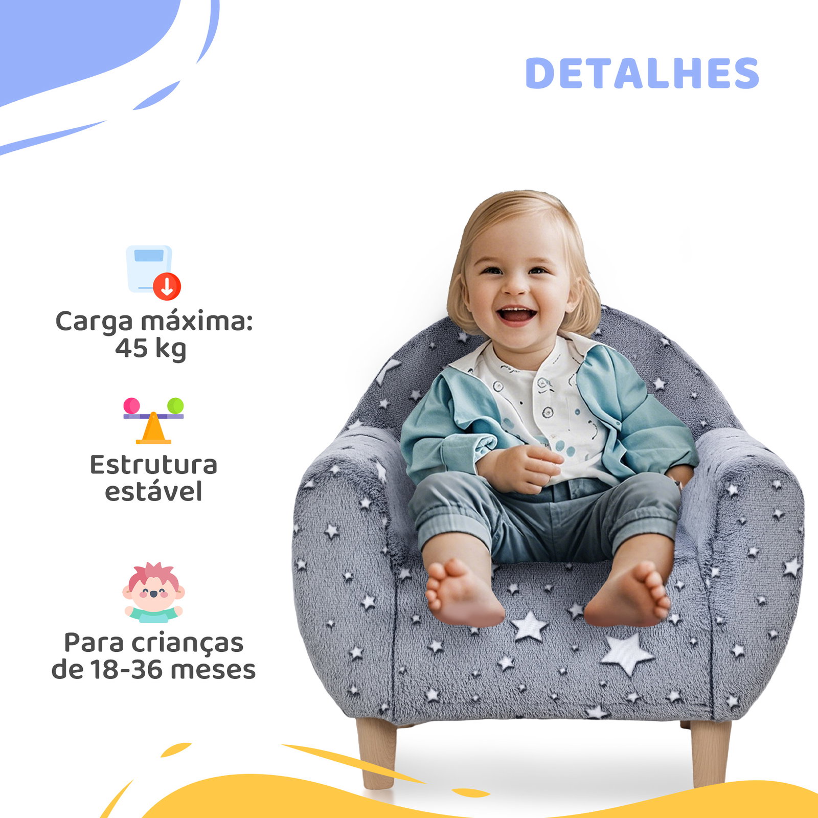 Poltrona para crianças com desenho de estrelas que brilham no escuro tecido suave de veludo 55x40x55 cm cinzento