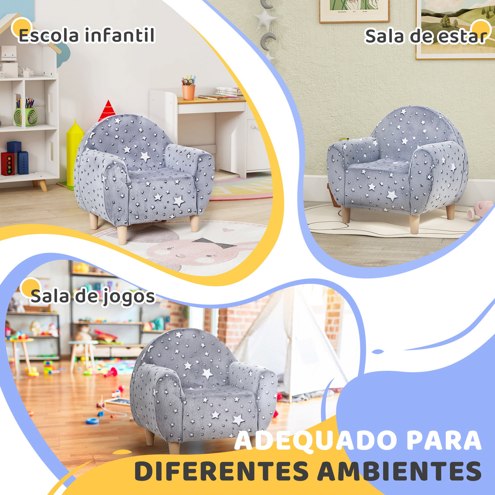 Poltrona para crianças com desenho de estrelas que brilham no escuro tecido suave de veludo 55x40x55 cm cinzento