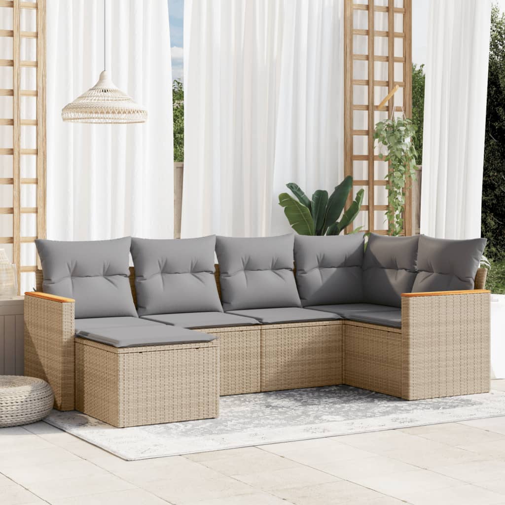 6 Pcs conjunto de sofás p/ jardim com almofadões vime PE bege