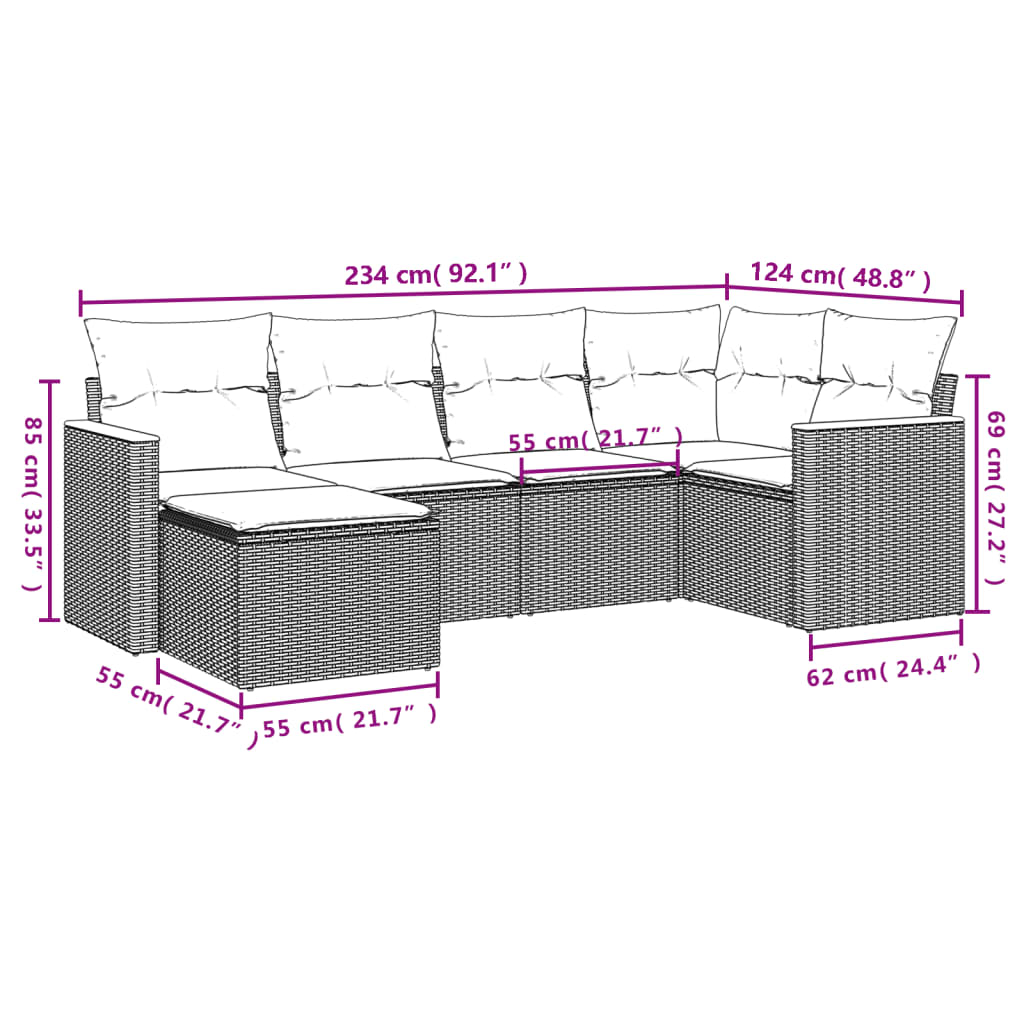 6 Pcs conjunto de sofás p/ jardim com almofadões vime PE bege