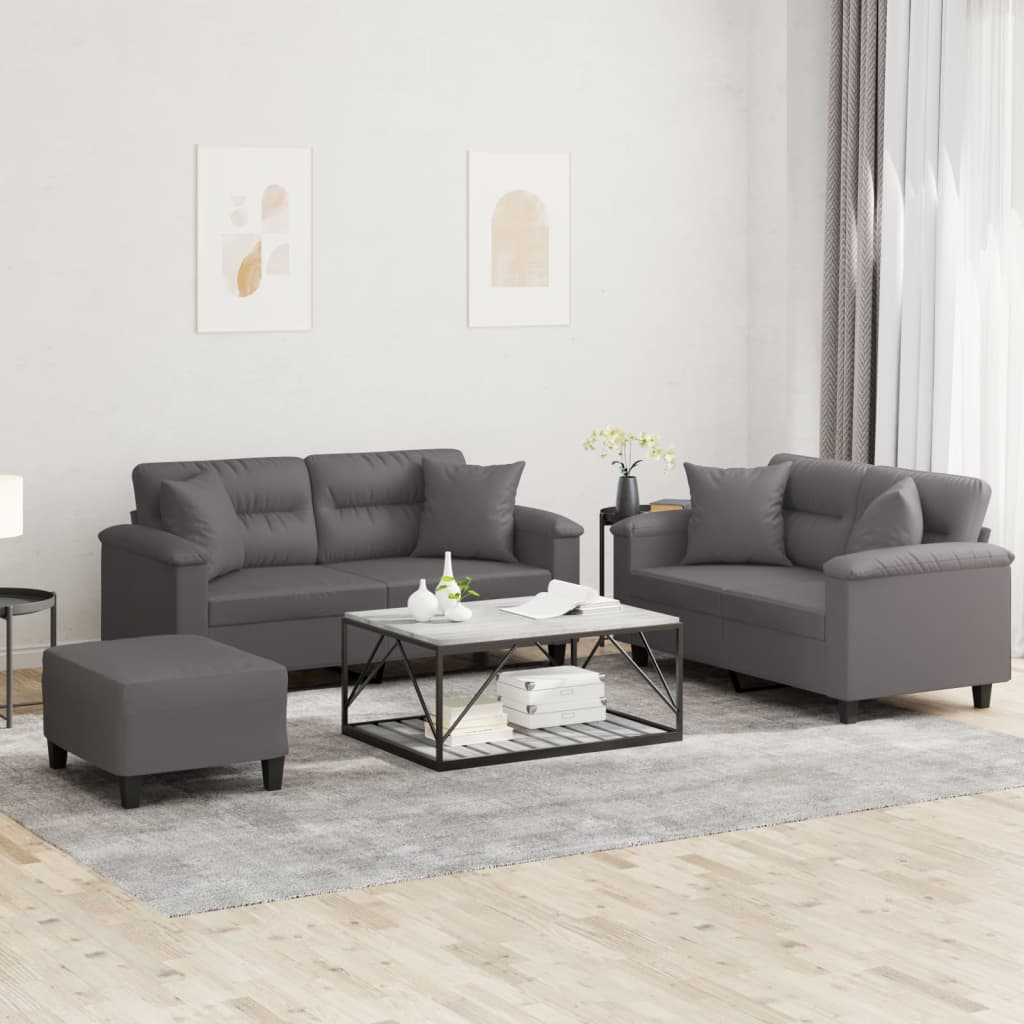 3 Pcs conjunto de sofás com almofadas couro artificial cinzento