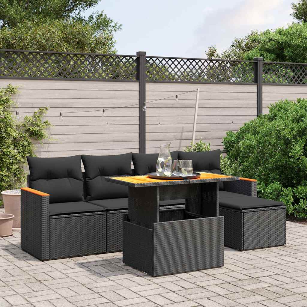 6 Pcs conjunto sofás de jardim c/ almofadões vime PE preto