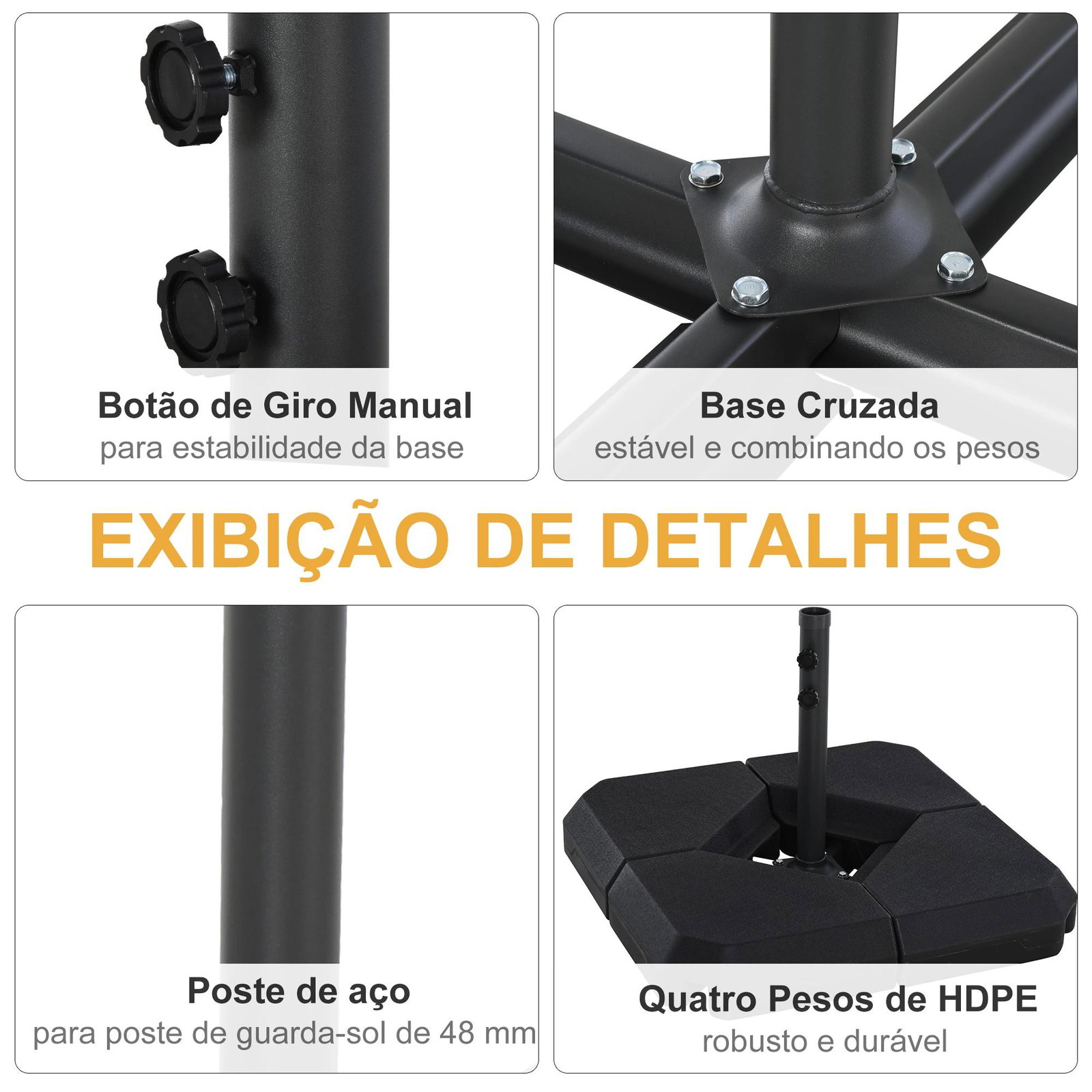 Base para chapéu de sol ø48 mm com 4 pesos enchentes de 60l água ou areia suporte cruzado para chapéu de sol com tubo de aço 80x80x56 cm preto