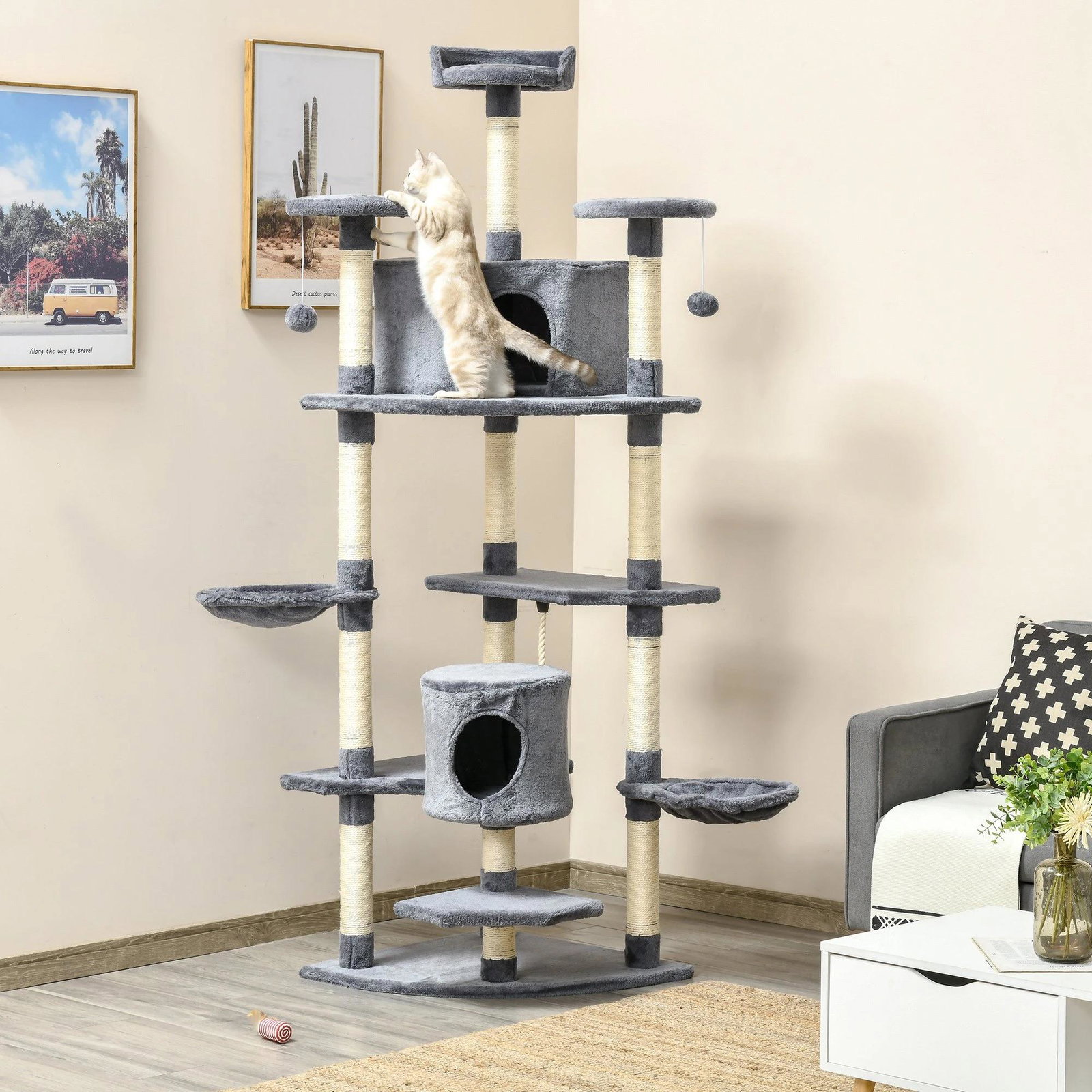 Árvore Arranhador para Gatos Grande 60x60x200cm com 2 Cavernas 2 Redes Cama Múltiplas Plataformas Postes Arranhadores de Sisal N