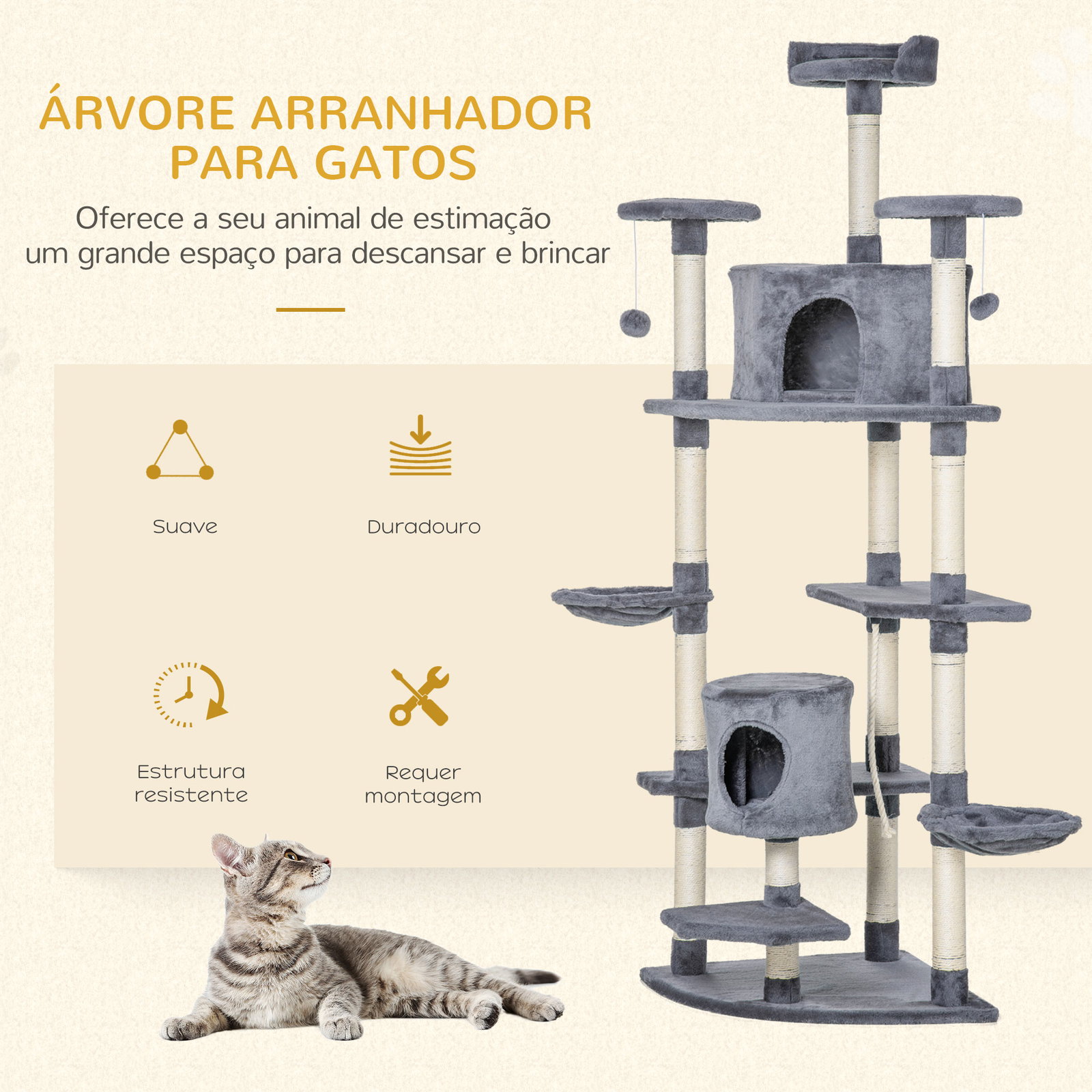 Árvore Arranhador para Gatos Grande 60x60x200cm com 2 Cavernas 2 Redes Cama Múltiplas Plataformas Postes Arranhadores de Sisal N
