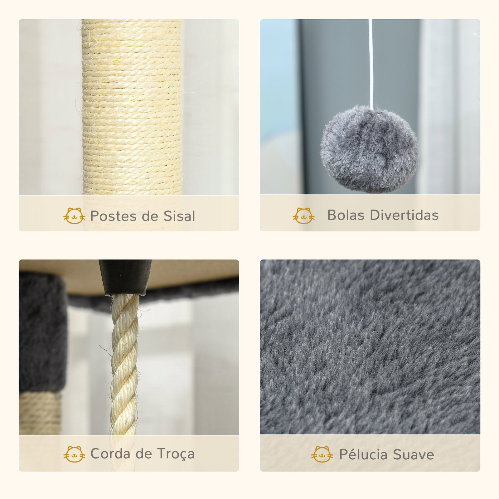 Árvore Arranhador para Gatos Grande 60x60x200cm com 2 Cavernas 2 Redes Cama Múltiplas Plataformas Postes Arranhadores de Sisal N