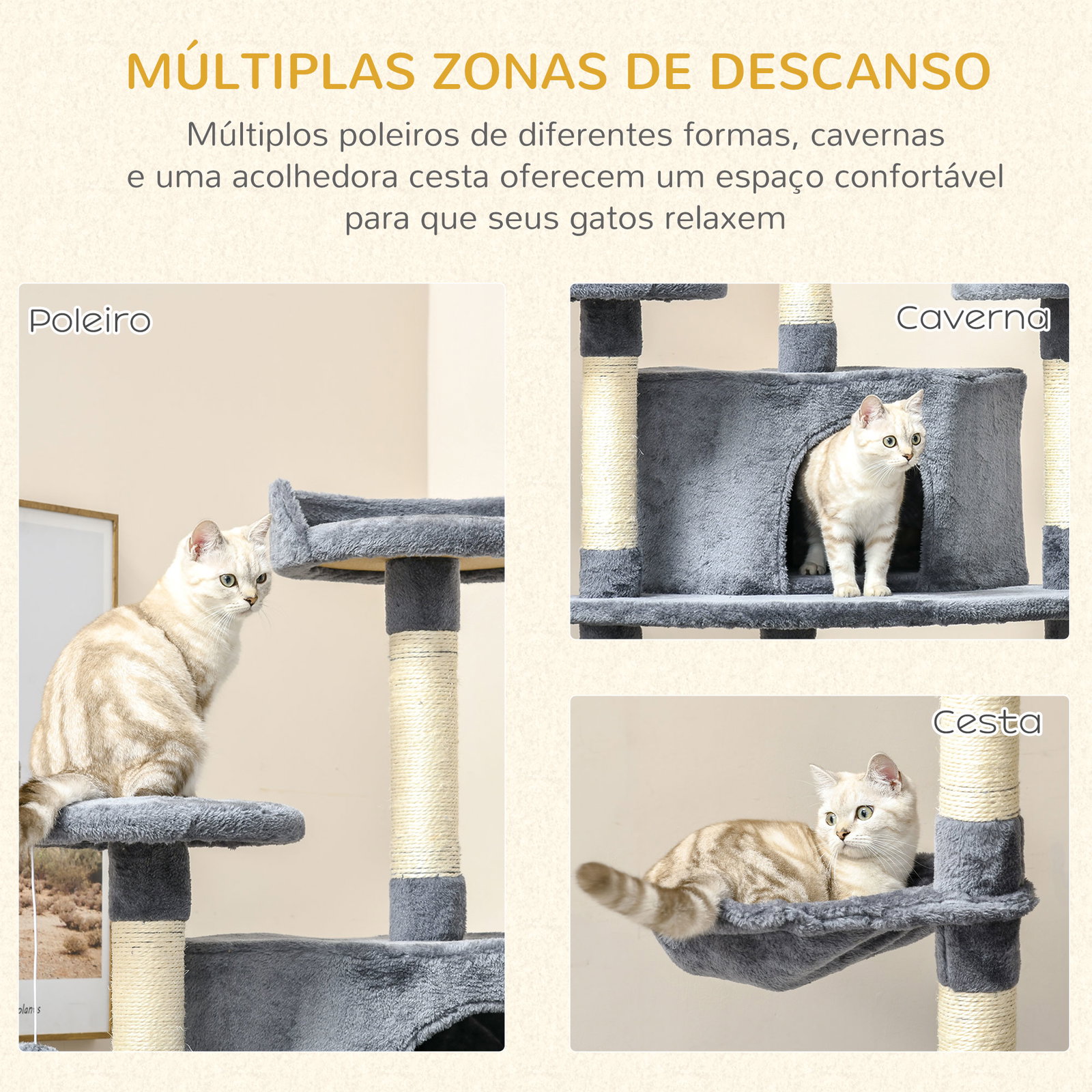 Árvore Arranhador para Gatos Grande 60x60x200cm com 2 Cavernas 2 Redes Cama Múltiplas Plataformas Postes Arranhadores de Sisal N