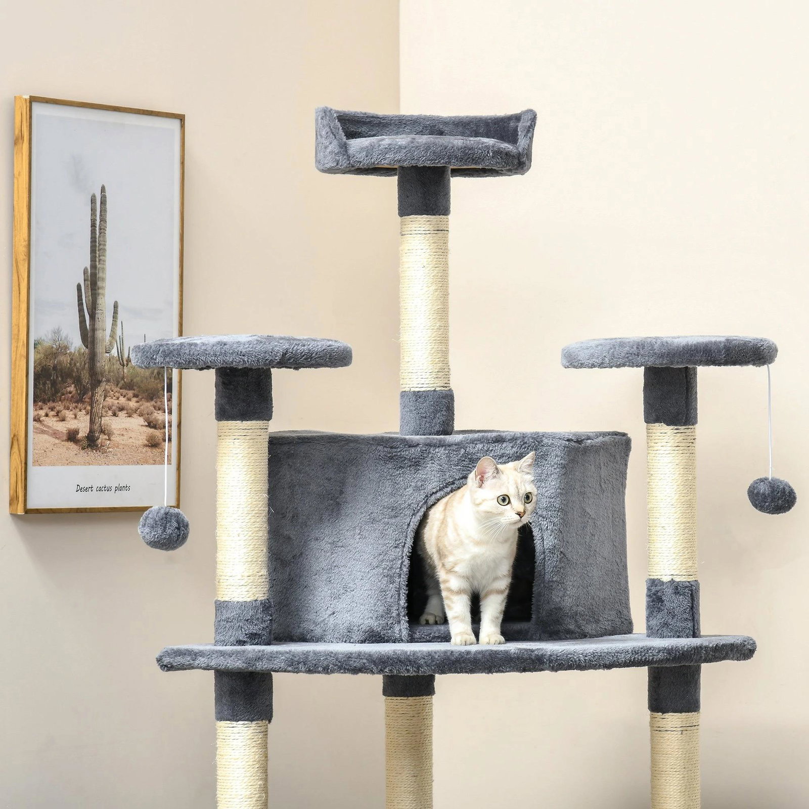 Árvore Arranhador para Gatos Grande 60x60x200cm com 2 Cavernas 2 Redes Cama Múltiplas Plataformas Postes Arranhadores de Sisal N