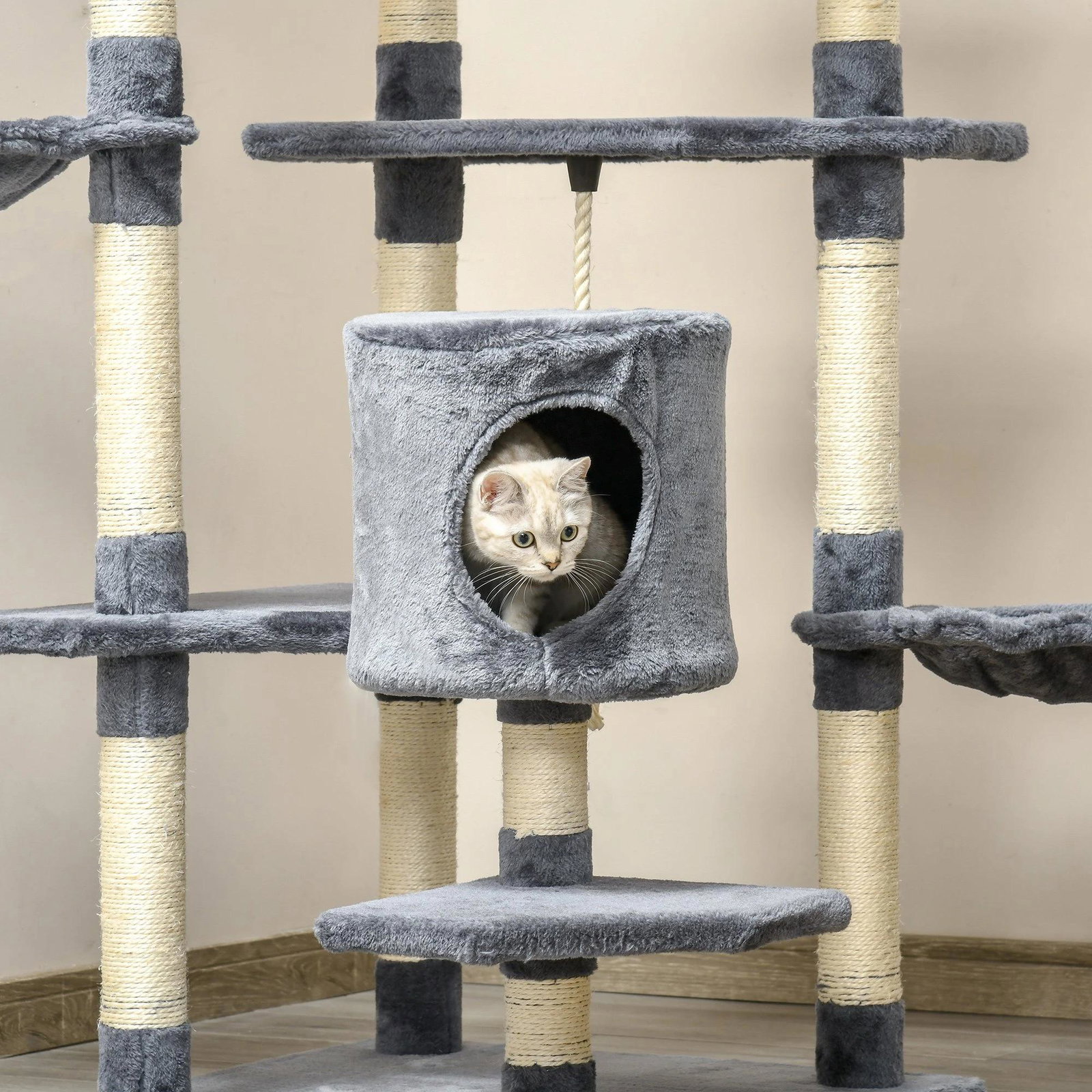 Árvore Arranhador para Gatos Grande 60x60x200cm com 2 Cavernas 2 Redes Cama Múltiplas Plataformas Postes Arranhadores de Sisal N