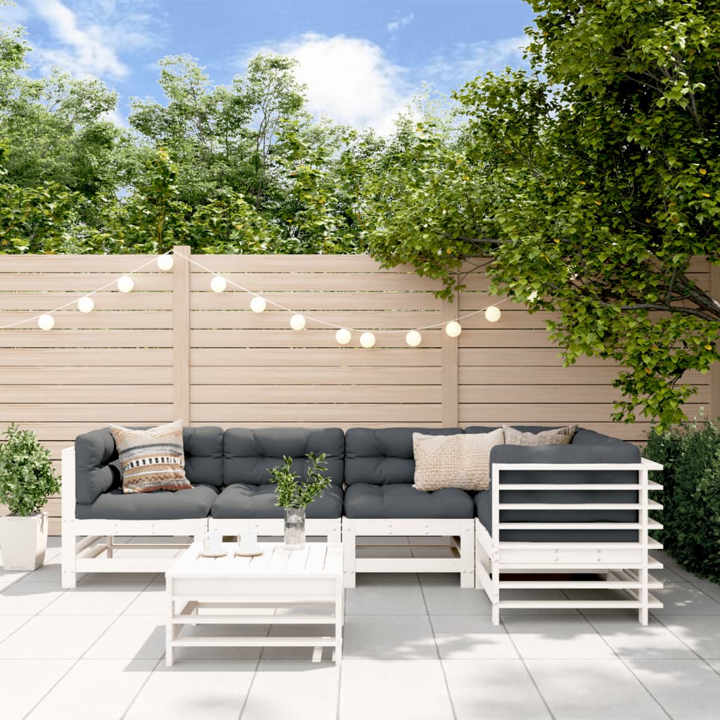 6Pcs conjunto lounge jardim c/ almofadões madeira maciça branco