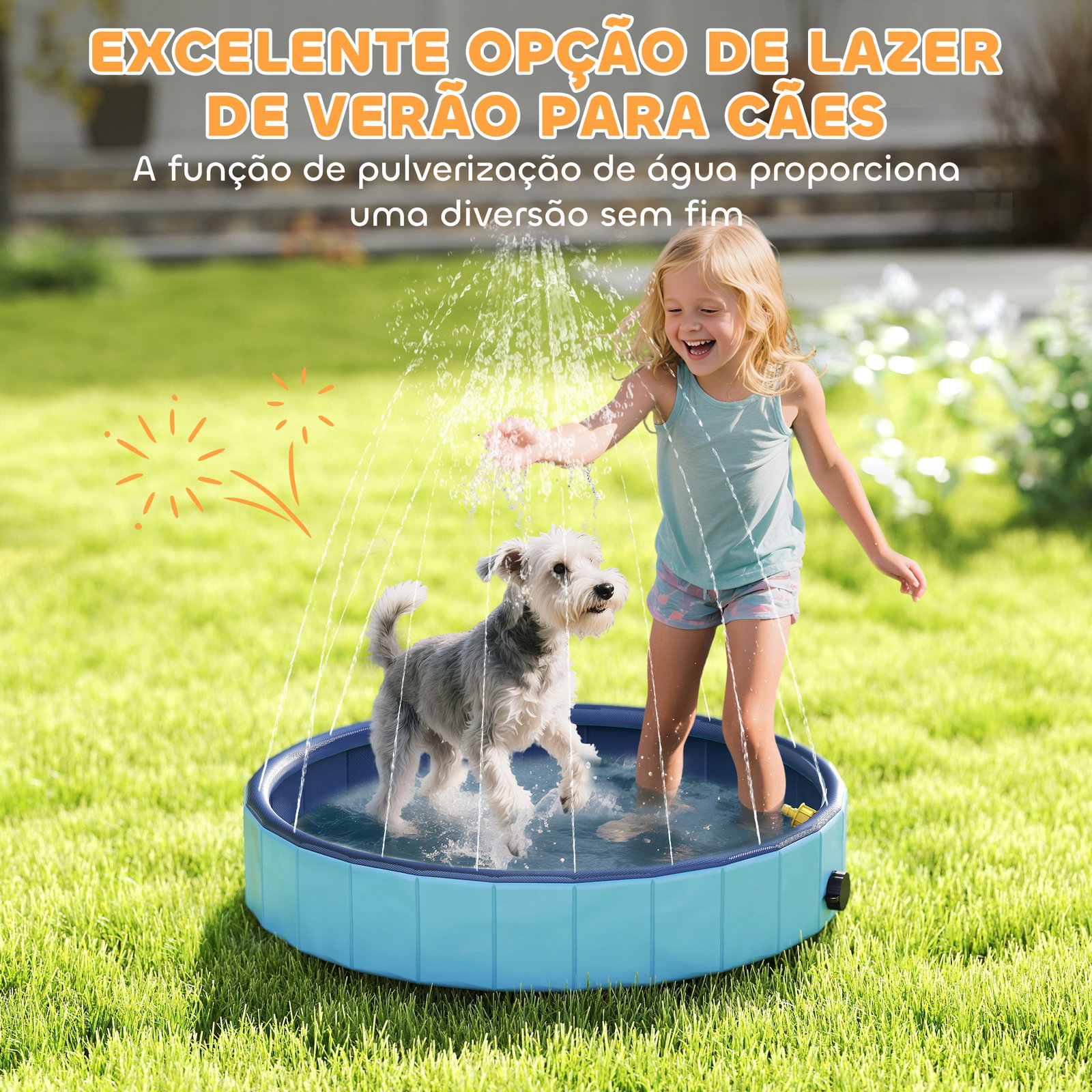 Piscina para cães dobrável com aspersor piscina portátil em PVC antiderrapante e resistente ao desgaste ø80x20 cm azul
