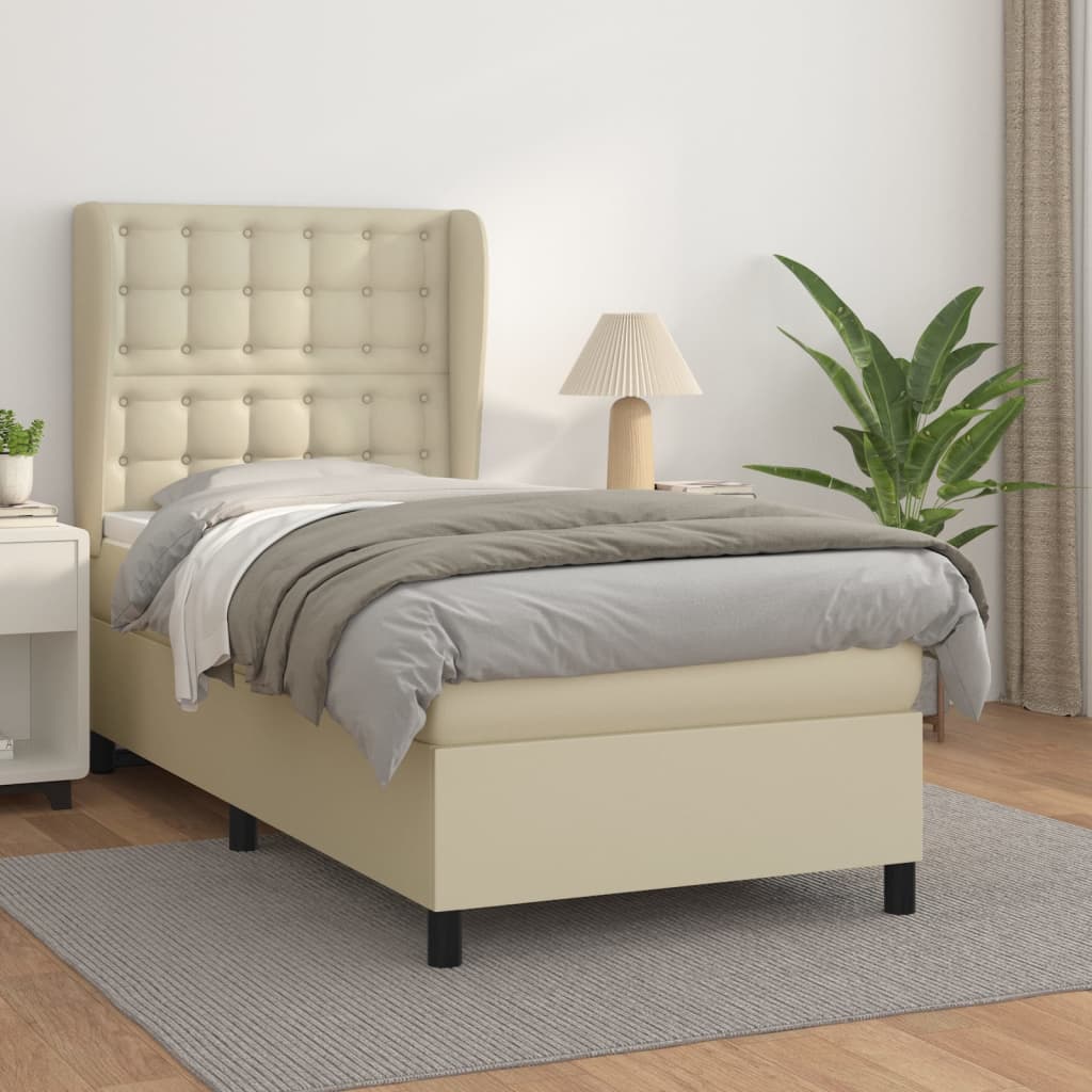 Cama com molas/colchão 90x200 cm couro artificial cor creme