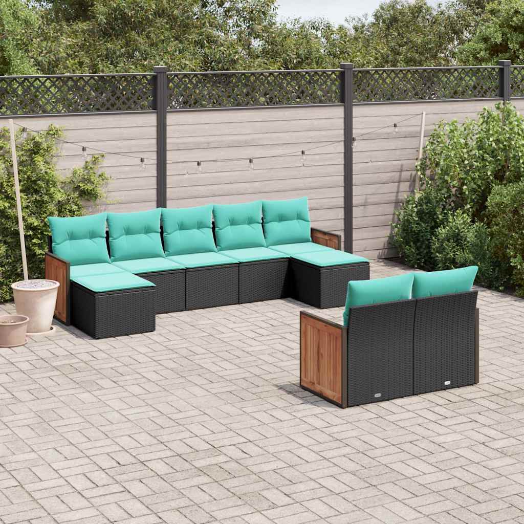 Conjunto de sofá de jardim de 9 peças com almofadas em rattan sintético preto