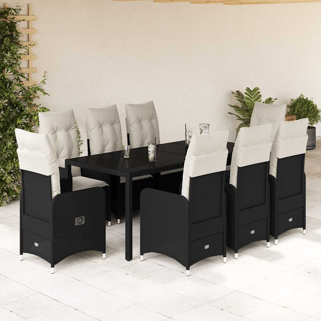 9 Pcs conjunto de bistrô p/ jardim c/ almofadões vime PE preto