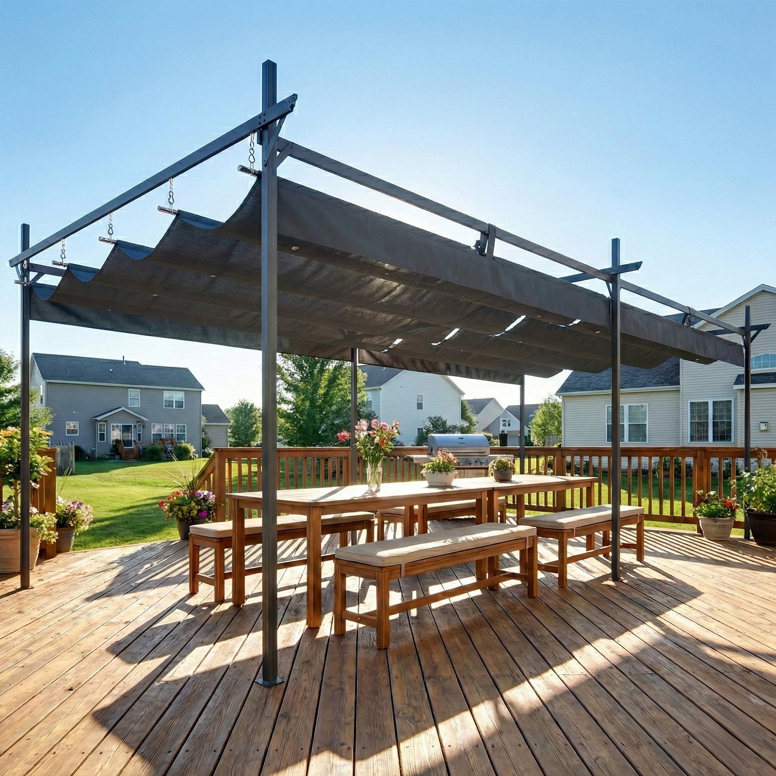 Pérgola com teto retrátil de alumínio 588x297x230 cm pérgola com tecido de poliéster anti UV pérgola de jardim cinzento escuro
