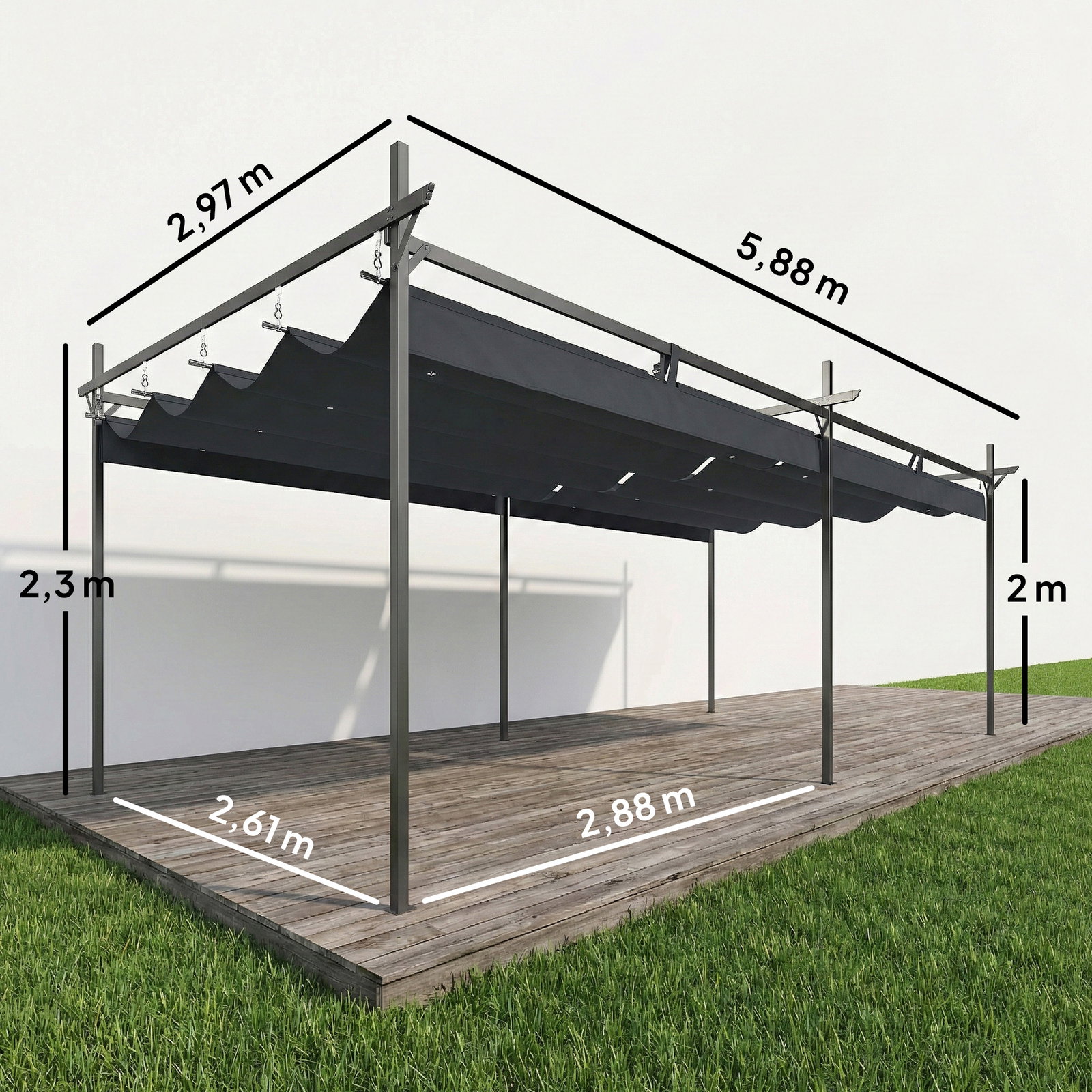 Pérgola com teto retrátil de alumínio 588x297x230 cm pérgola com tecido de poliéster anti UV pérgola de jardim cinzento escuro