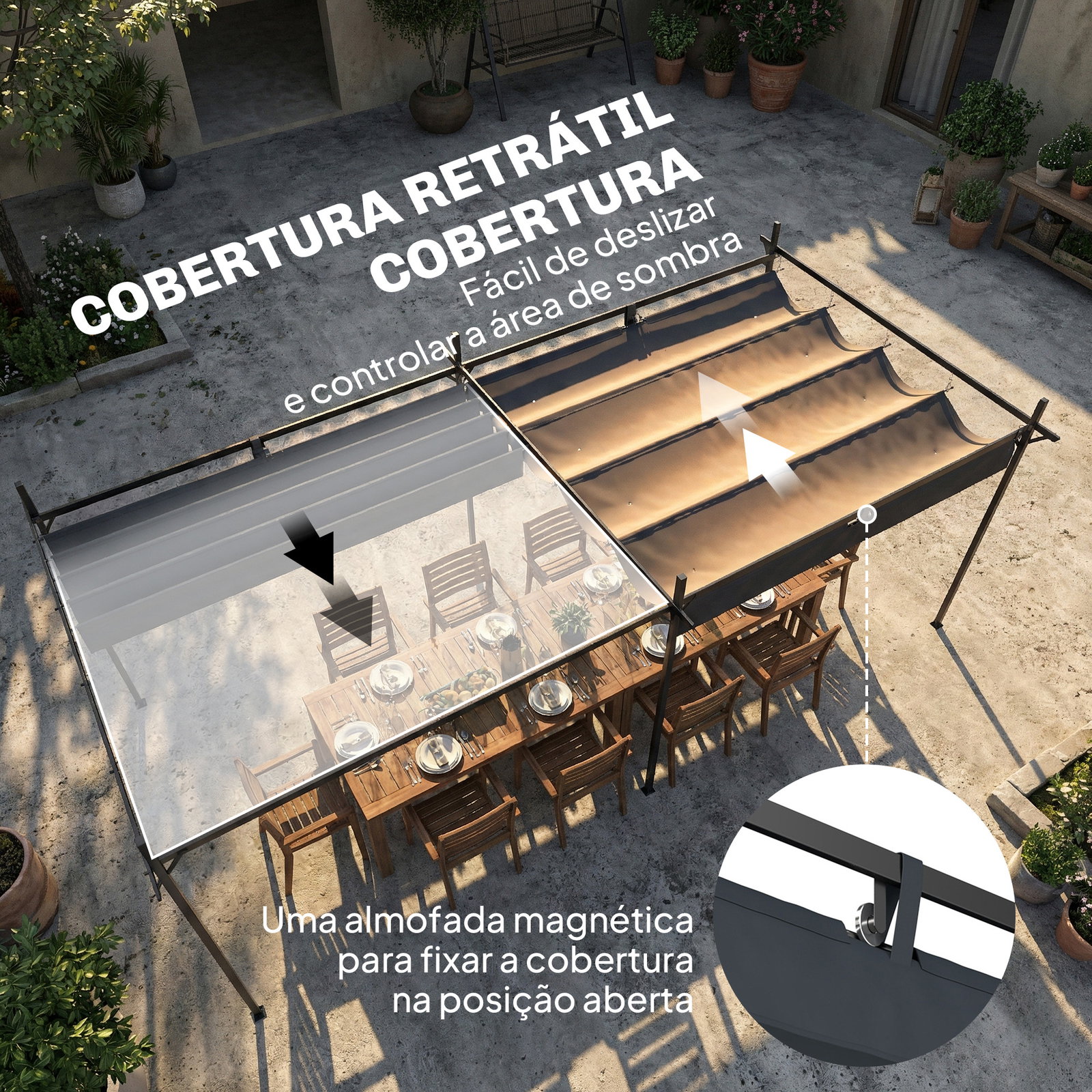Pérgola com teto retrátil de alumínio 588x297x230 cm pérgola com tecido de poliéster anti UV pérgola de jardim cinzento escuro