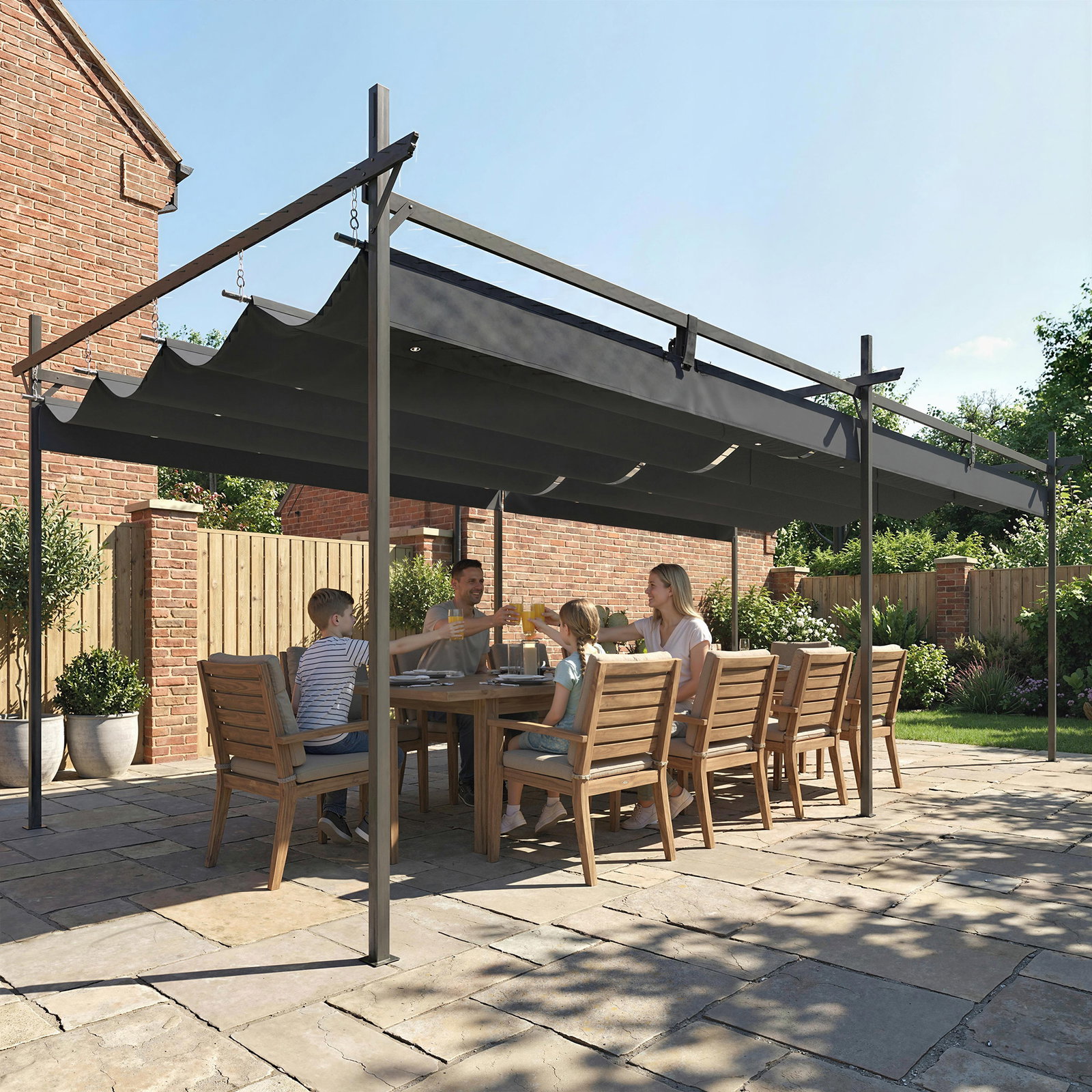 Pérgola com teto retrátil de alumínio 588x297x230 cm pérgola com tecido de poliéster anti UV pérgola de jardim cinzento escuro